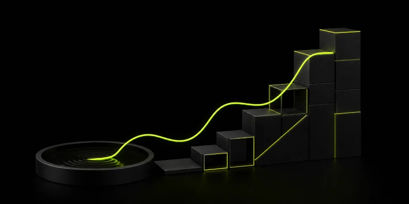 Abstract lime cash-flow line feeding a rising structure of black asset blocks