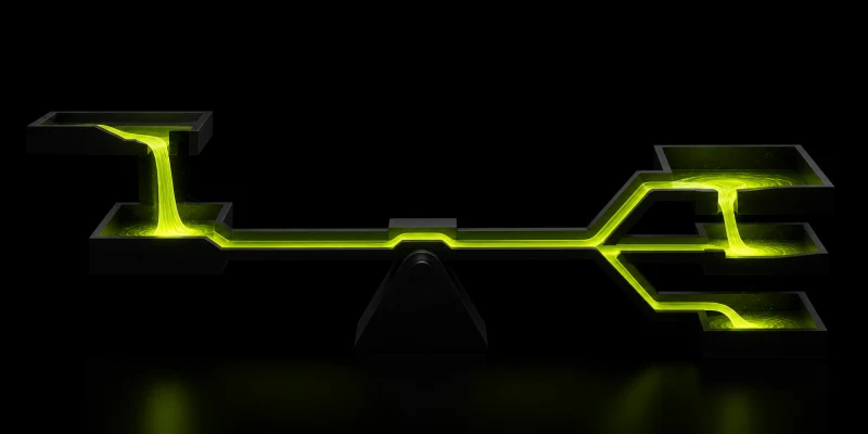 Abstract lime cash-flow streams moving through a dark balance structure