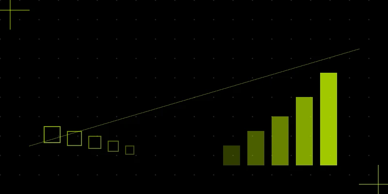 Abstract lime bars rising beside dimmed receding squares on a black balance line