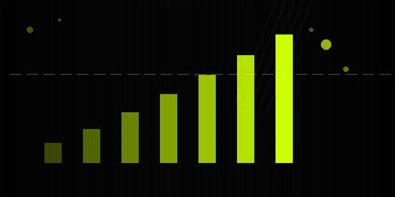 Abstract lime bars climbing toward a dashed threshold line on a black background