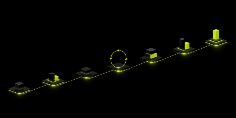 Seven abstract lime checkpoints connected by a disciplined upward path on black