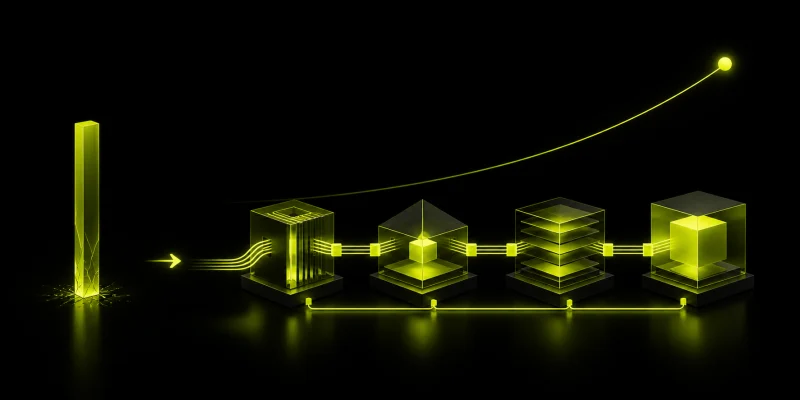 A fragile lime pillar feeding four connected financial structures on a black background