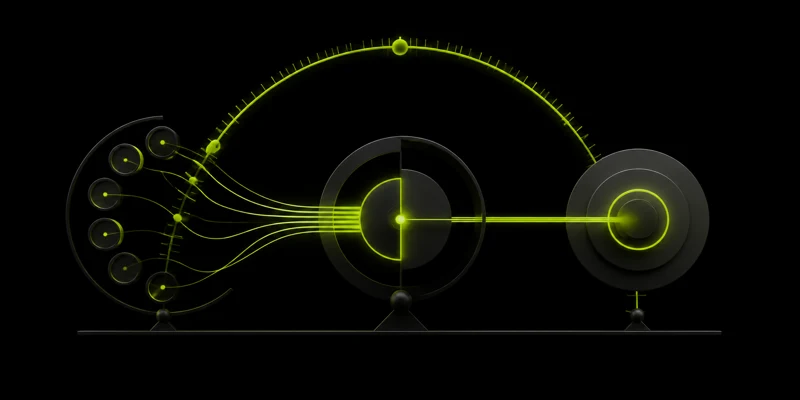 Abstract lime asset cash-flow lines converging through a dark ratio mechanism toward monthly living costs