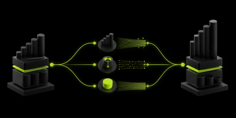 Two dark abstract balance sheets connected by lime asset, liability and cash-flow paths