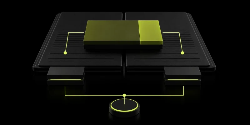 Two dark financial ledgers dividing shared assets and liabilities with lime ownership lines