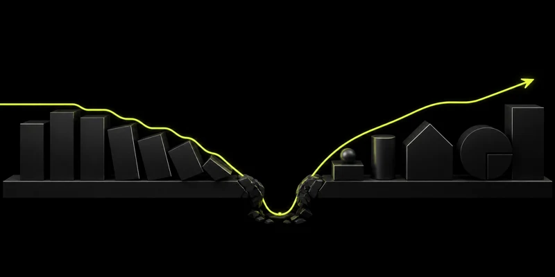 A lime recovery path reconnecting disrupted dark financial blocks and continuing toward balanced assets and liabilities