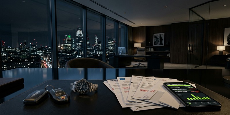 High-end luxury office desk with credit bills beside car keys and smartphone showing red cash flow balance