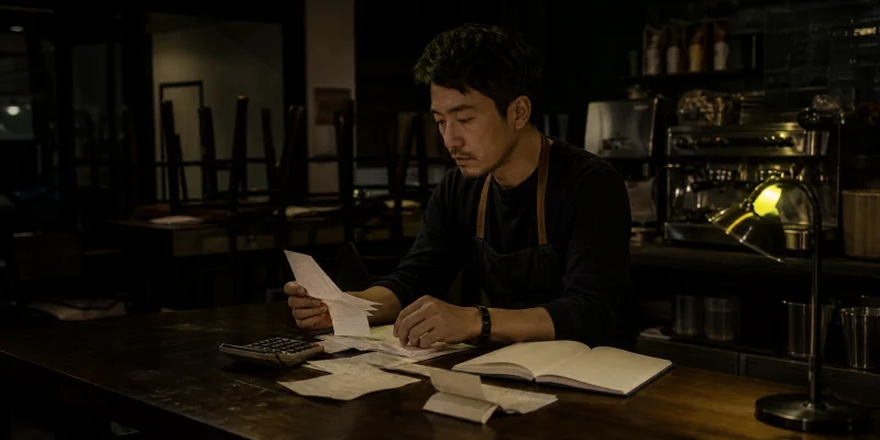 A small cafe owner reviewing receipts, supplier invoices and a calculator after closing