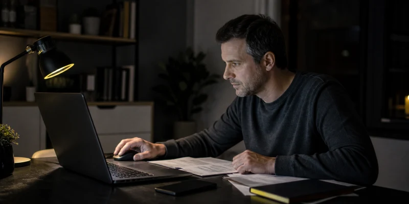 A person at a dark home-office desk checking a financial adviser's credentials before moving money