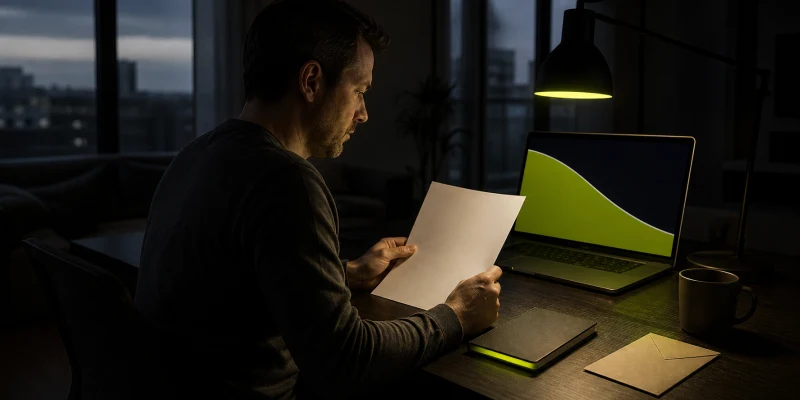 A person at a dark home-office desk reviewing a blank statement beside an abstract falling asset-value line