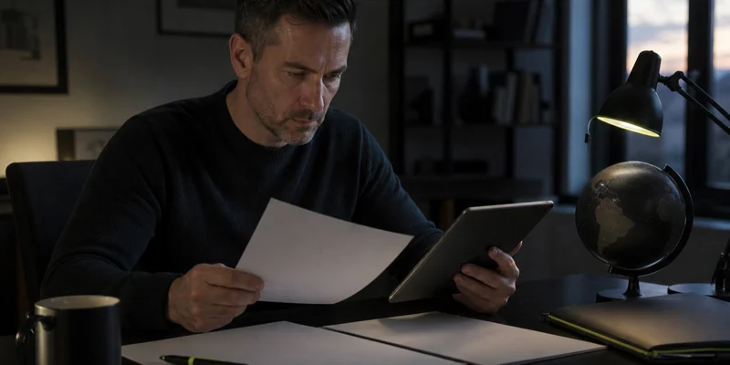 A person in a dark home office reviewing blank documents and a tablet beside a globe