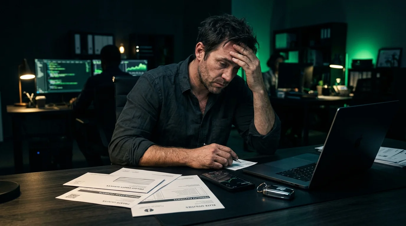 Stressed professional looking at bills and laptop late at night