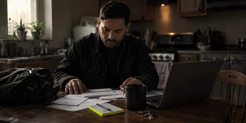 A worker at a dark kitchen table reviewing household bills and a laptop before leaving for work