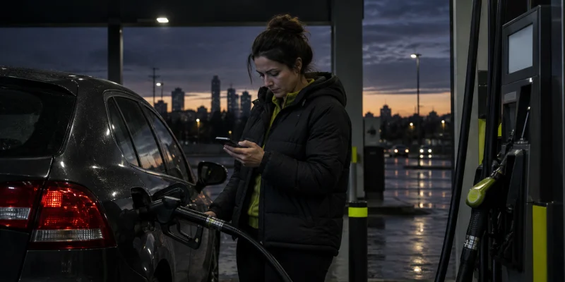 A driver at a dark city gas station reviewing costs on a phone while refueling a modest car