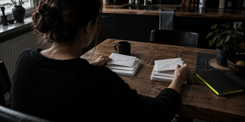 A person at a dark kitchen table sorting blank envelopes into two piles while reviewing household obligations