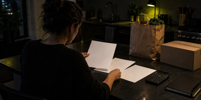 A person at a dark kitchen table reviewing blank expense sheets beside groceries, a parcel and a calculator