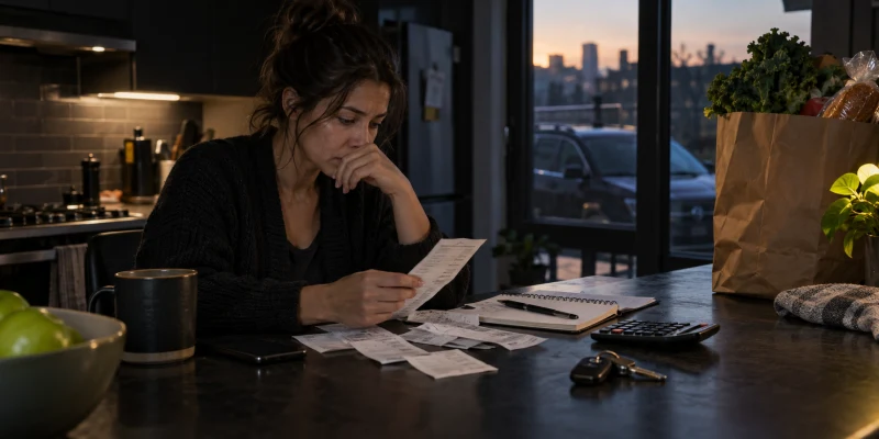 A woman at a dark kitchen counter comparing household receipts beside groceries, car keys and a calculator