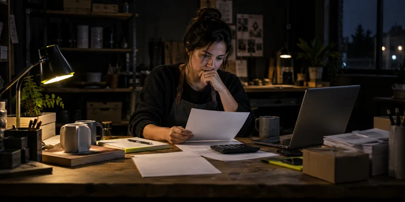 A small-business owner at a dark workshop desk reviewing blank forms, costs and a calculator beside a laptop