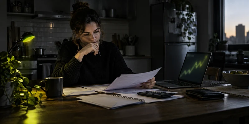 A woman at a dark kitchen table comparing household financial papers with a blurred market chart on a laptop