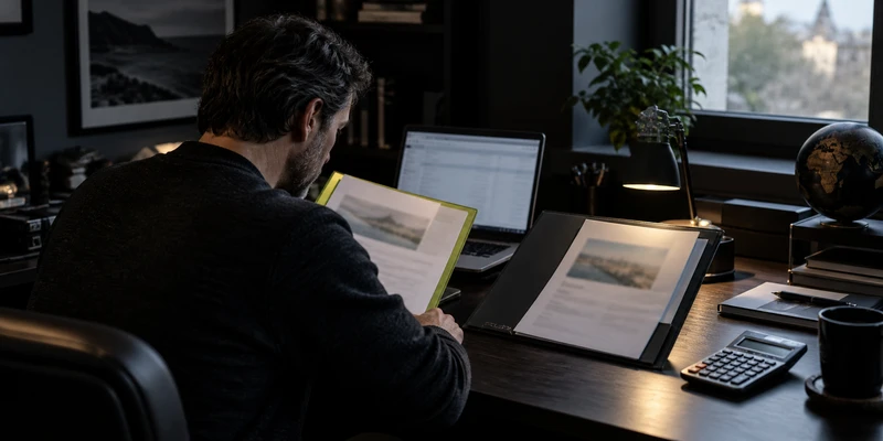 A person reviewing foreign account folders at a dark home office desk beside a laptop and calculator