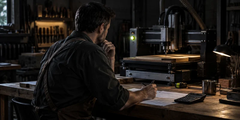 A workshop owner reviewing financing papers and a calculator beside productive machinery