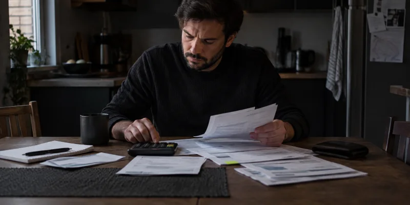 A person at a dark kitchen table reviewing household debt statements with a calculator