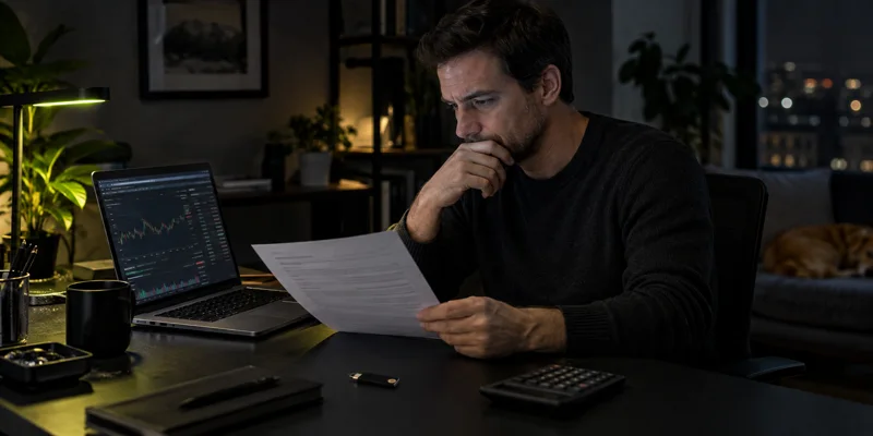 A person in a dark home office comparing an investment screen with an ownership document