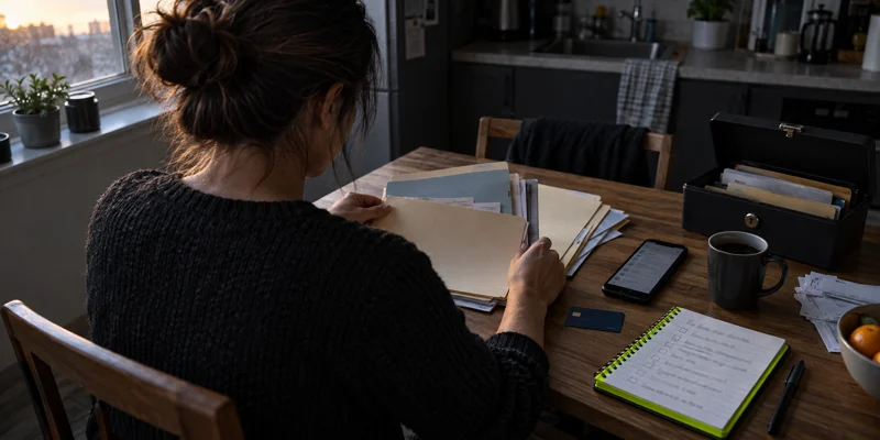 A woman at a dark kitchen table organizing account folders and an emergency access checklist