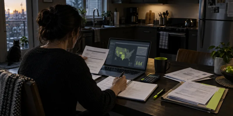 A woman at a dark kitchen table reviewing state employment data and a household contingency checklist