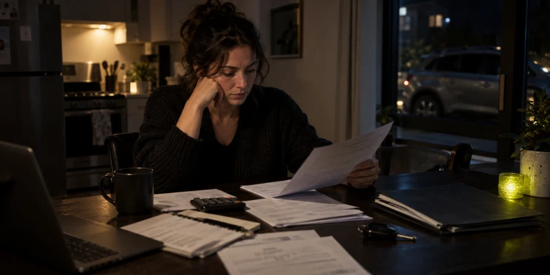 A woman at a dark kitchen table comparing vehicle loan paperwork with household bills and a calculator