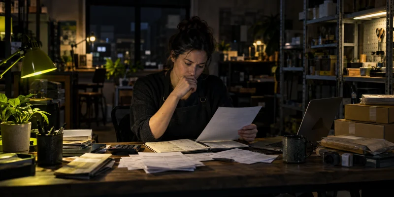 A small-business owner reviewing bills and a cash ledger at a dark workshop desk