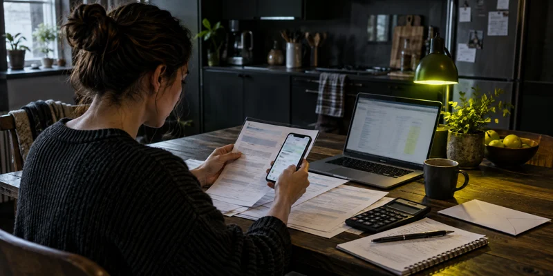 Person comparing tax documents with a phone and household financial records at a kitchen table