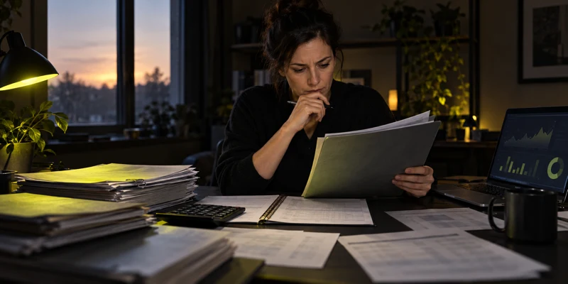 Analyst comparing private credit valuation files with a cash-flow ledger in a dark home office
