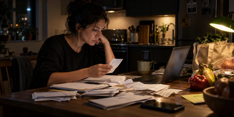 Woman reviewing household receipts and a cash-flow ledger beside groceries in a dark apartment kitchen