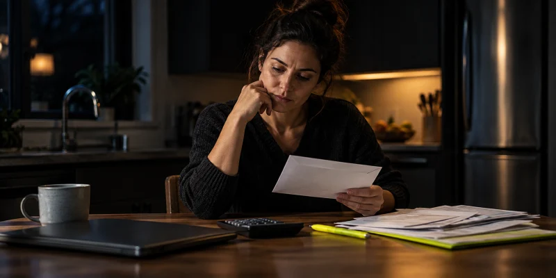 Parent reviewing an unmarked child investment account envelope beside household bills at a dark kitchen table
