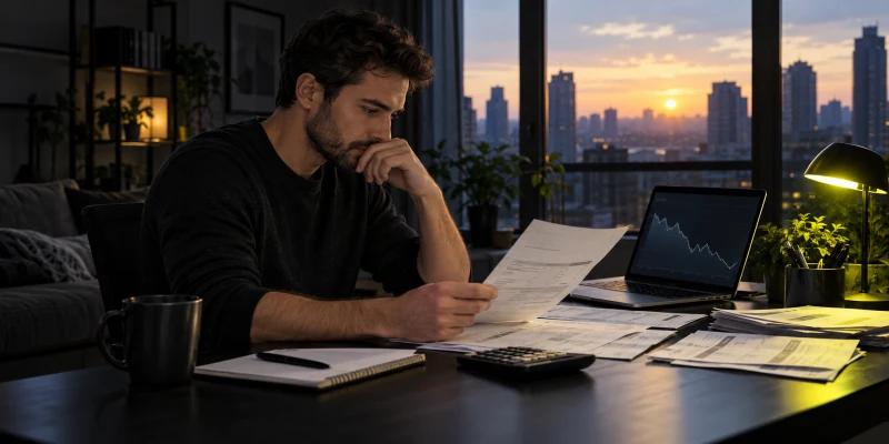 Worker reviewing a pay statement, household bills and declining employment chart at a dark home-office desk