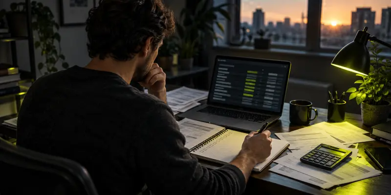 Adult completing a weekly financial review with bills, notebook, calculator and laptop at a dark home-office desk