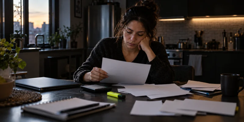 Worker reviewing reduced hours and household bills at a dark kitchen table before sunrise