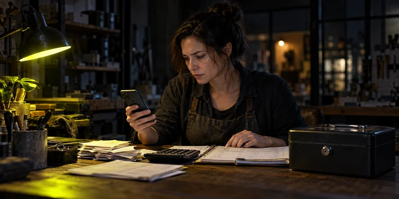 Workshop owner comparing a suspicious phone message with cash records at a dark desk
