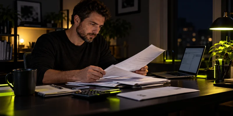 Adult reviewing tax papers, household bills and a calculator at a dark home-office desk