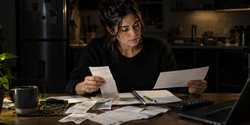 Adult verifying an unbranded refund check beside receipts and a household balance sheet at a dark kitchen table
