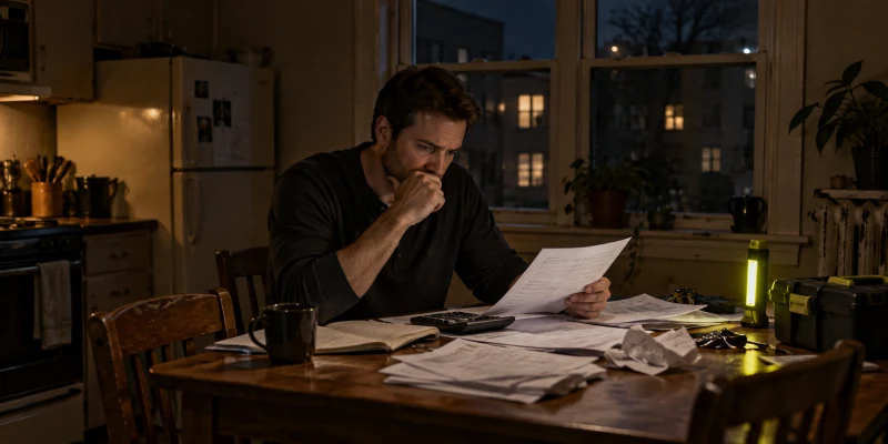 Adult reviewing anonymous mortgage papers and repair receipts beside tools in a modest rental apartment at night